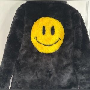 Delia’s Y2K 90s Inspired Sz: M yellow smiley face black shaggy faux fur Coat.